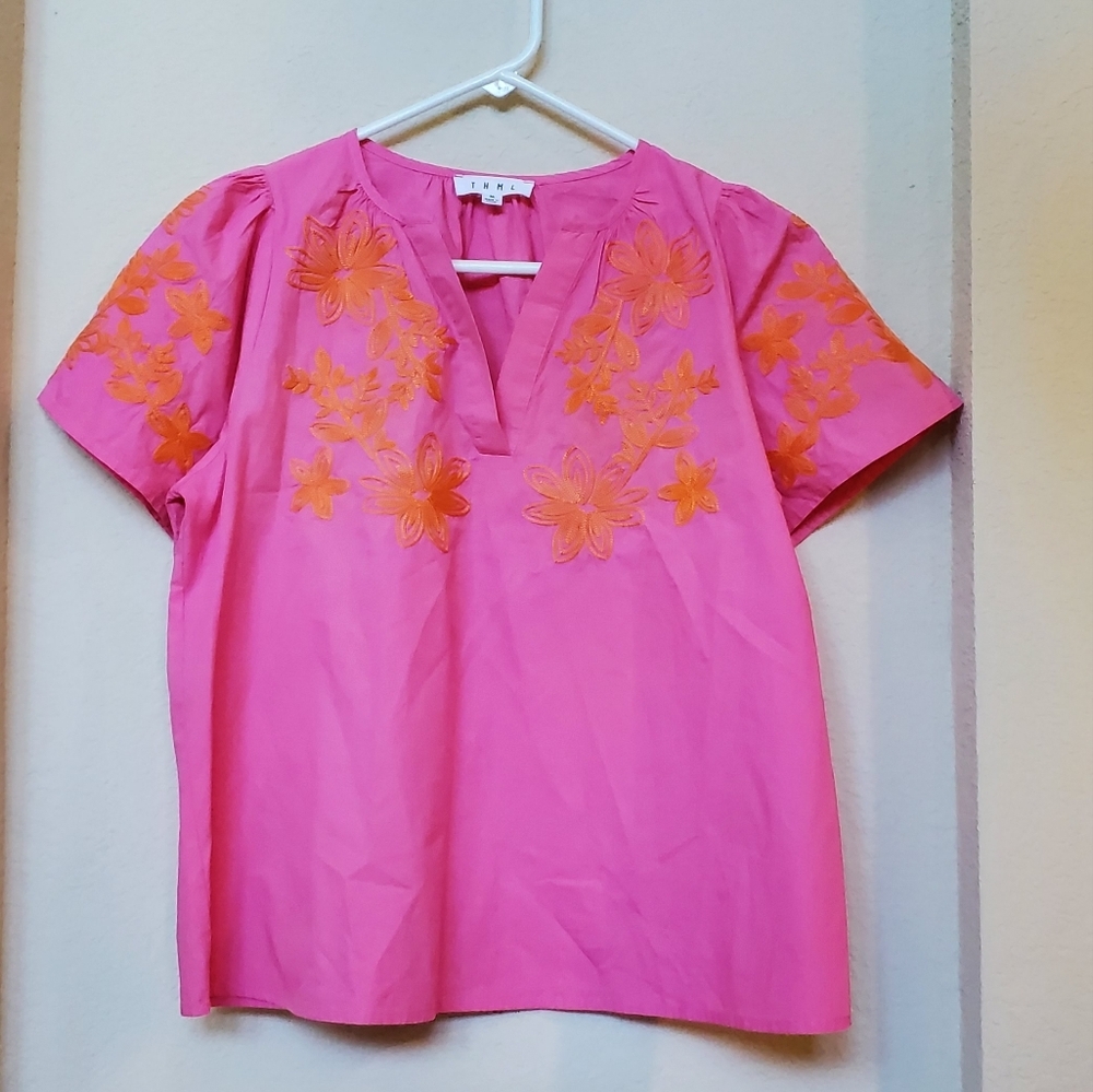 THML Pink Top with Orange Floral Embroidery